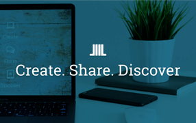 Icon for BiblioBoard, and the words: Create, Share, Discover against a dark blue overlay on a background photo of a tablet on a table with a notebook, smartphone and potted plant