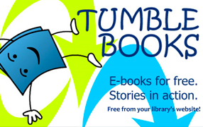 TumbleBook Library icon, a book doing a somersault, with text: e-books for e-books, arrows in bright blue and neon green in background