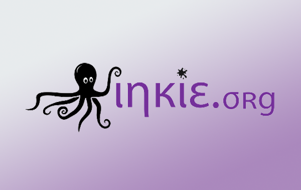 Inkie.org logo, purple Inkie.org text with a cute black cartoon octopus