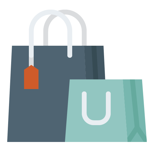Shopping bags, one large blue with orange tag, and one small aqua