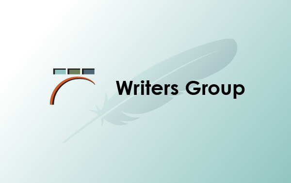 Writers Group with Library logo, on top of feather quill faded against aqua gradient background