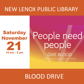 White text on orange and bright pink background. People need people. Give blood on November 21