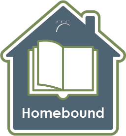 Homebound logo, white book against blue house shape