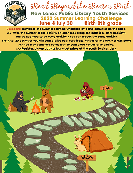 Kids Log with a camping scene, green grass, 20 stepping stones in a path to track activities, and animal characters having fun