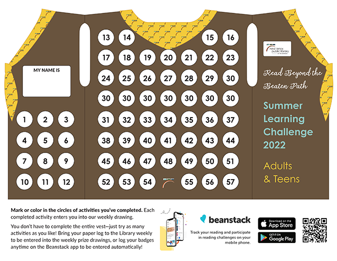 Teen and Adult Log, an open brown vest with circle badges to track activities, yellow kerchief with the library logo as a pattern
