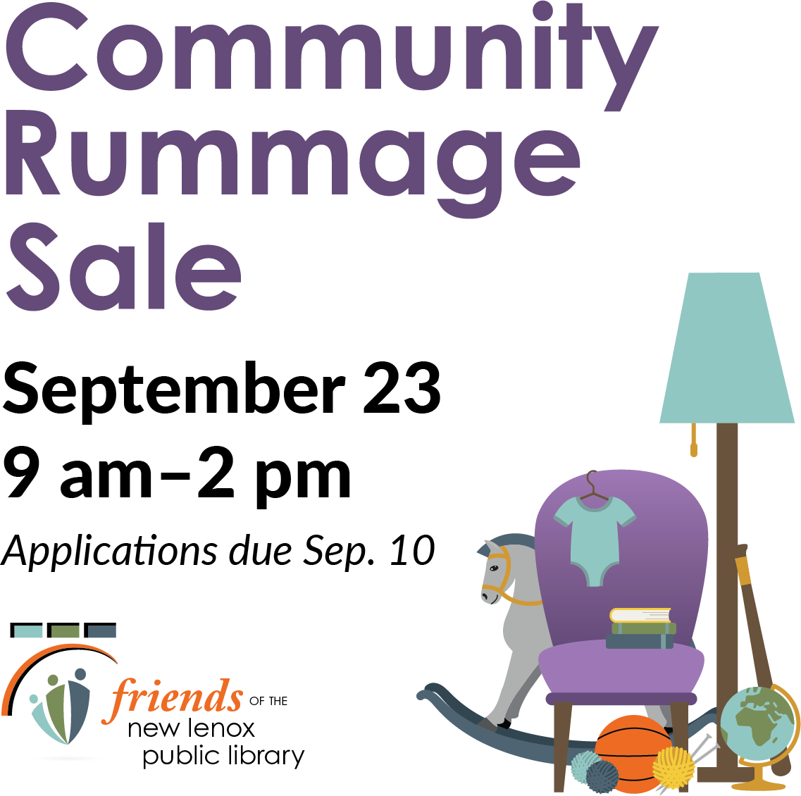 Community Rummage Sale dates with Friends logo and graphics (rocking horse, chair, basketball, lamp and other objects)