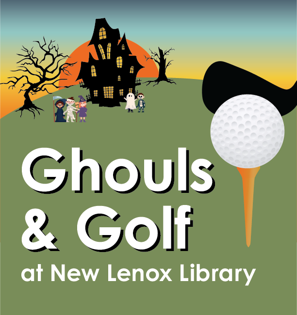 Hill with spooky house and trick-or-treaters in back, with golf club and golf ball in foreground