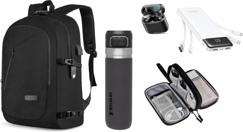Laptop backpack, Stanley GO Bottle, wireless earbuds, portable charger, and electronics organizer