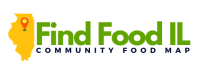 Find Food IL logo, a yellow state of Illinois with a red map pin point around the top middle of the state
