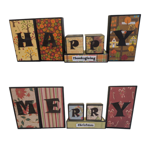 Image of "Reversible Wood Sign" Craft. Top image reads Happy Thanksgiving and bottom image reads Merry Christmas