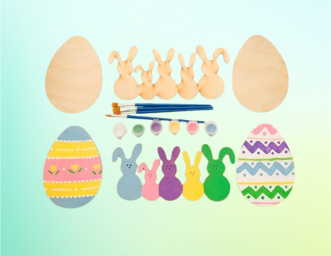 An image of a set of wood-shaped eggs and rabbits that are both painted and blanks.
