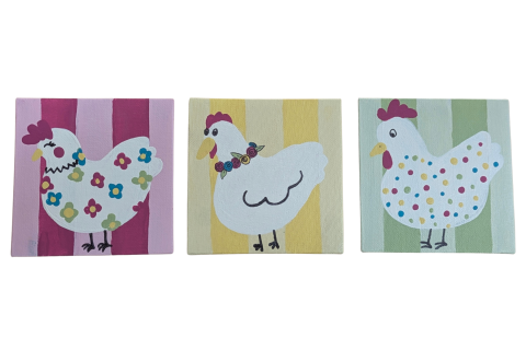 Sample of "Spring Chickens" project. Three canvas featuring chickens painted on striped backgrounds using pastel spring colors.