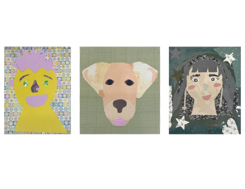 Three collages showing a young boy, a dog, and woman with various construction paper and cardstock of different patterns, colors, and textures.